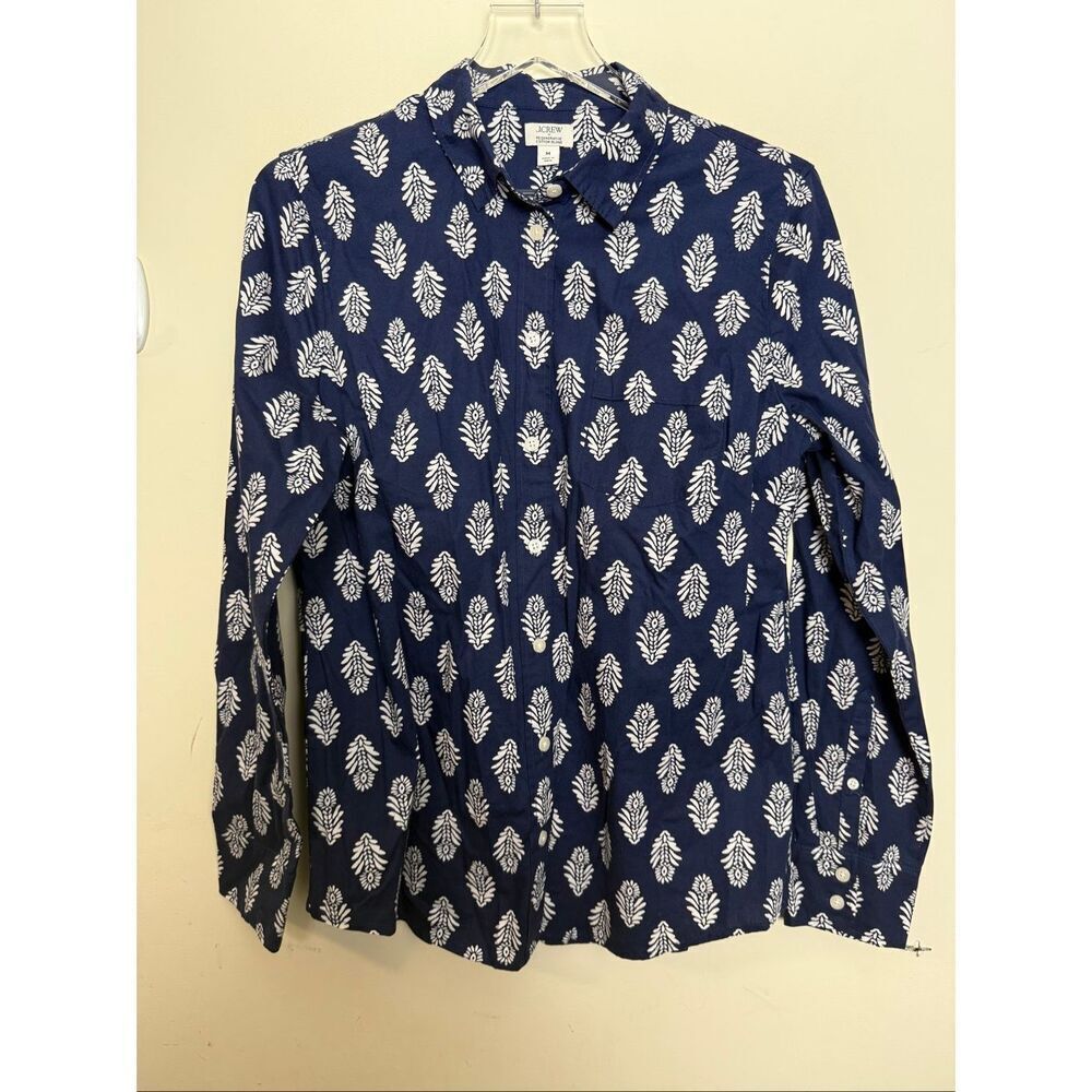 J.Crew BT993 Navy White Block Print Button Down Shirt Size M Cotton Stretch Clas